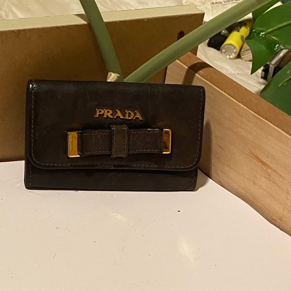 Auth PRADA Saffiano Black Leather Ribbon Trifold Wallet Compact Wallet #9388